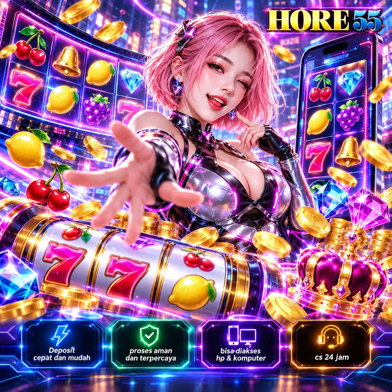 Poster HORE55 dengan karakter rambut merah muda dan nuansa neon magenta