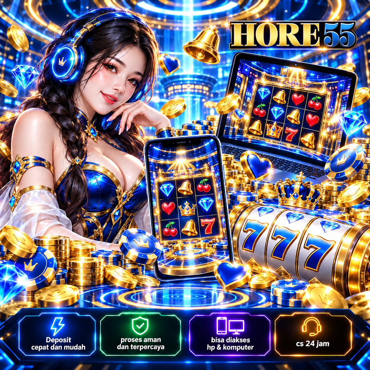 Poster HORE55 dengan karakter ber-headset dan perangkat digital bernuansa biru emas